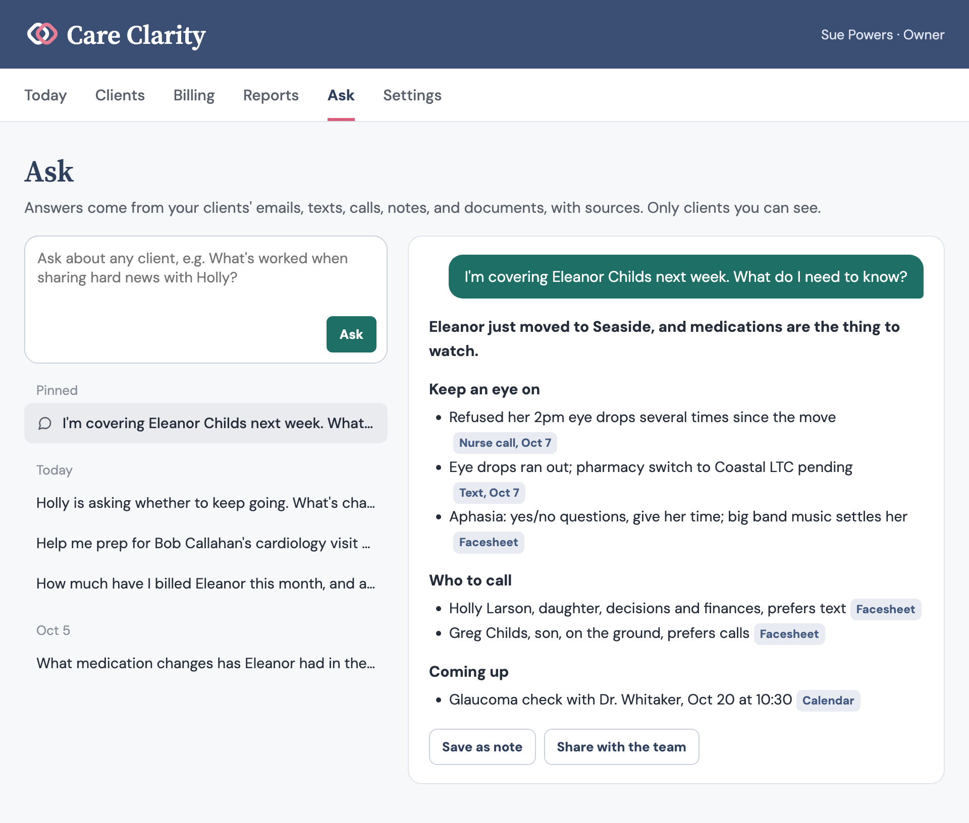 A sample question about covering for a colleague, answered from a client's calls, emails, texts, and case notes, with each point linked to its source.