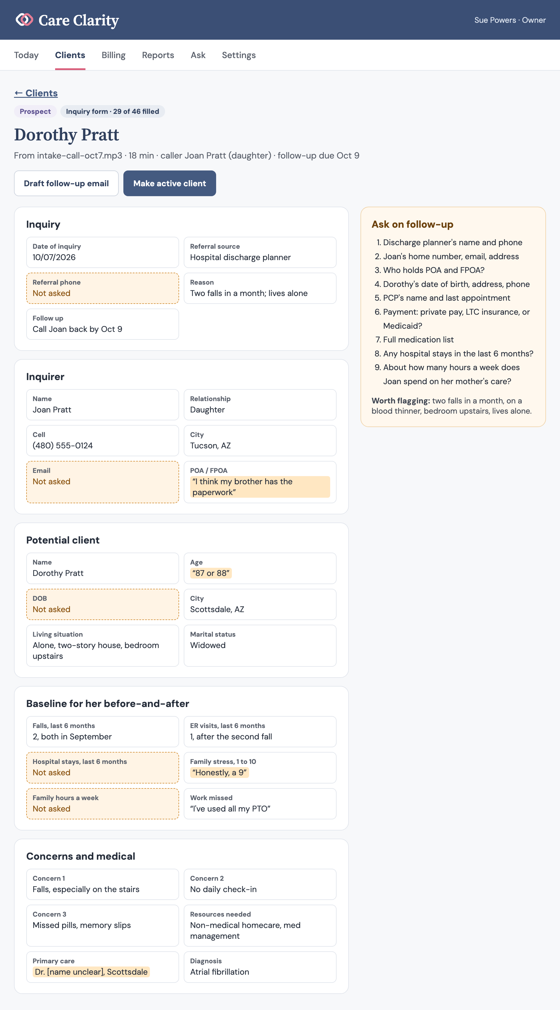 A sample inquiry form filled in from an intake call, with unasked questions flagged and a follow-up list.