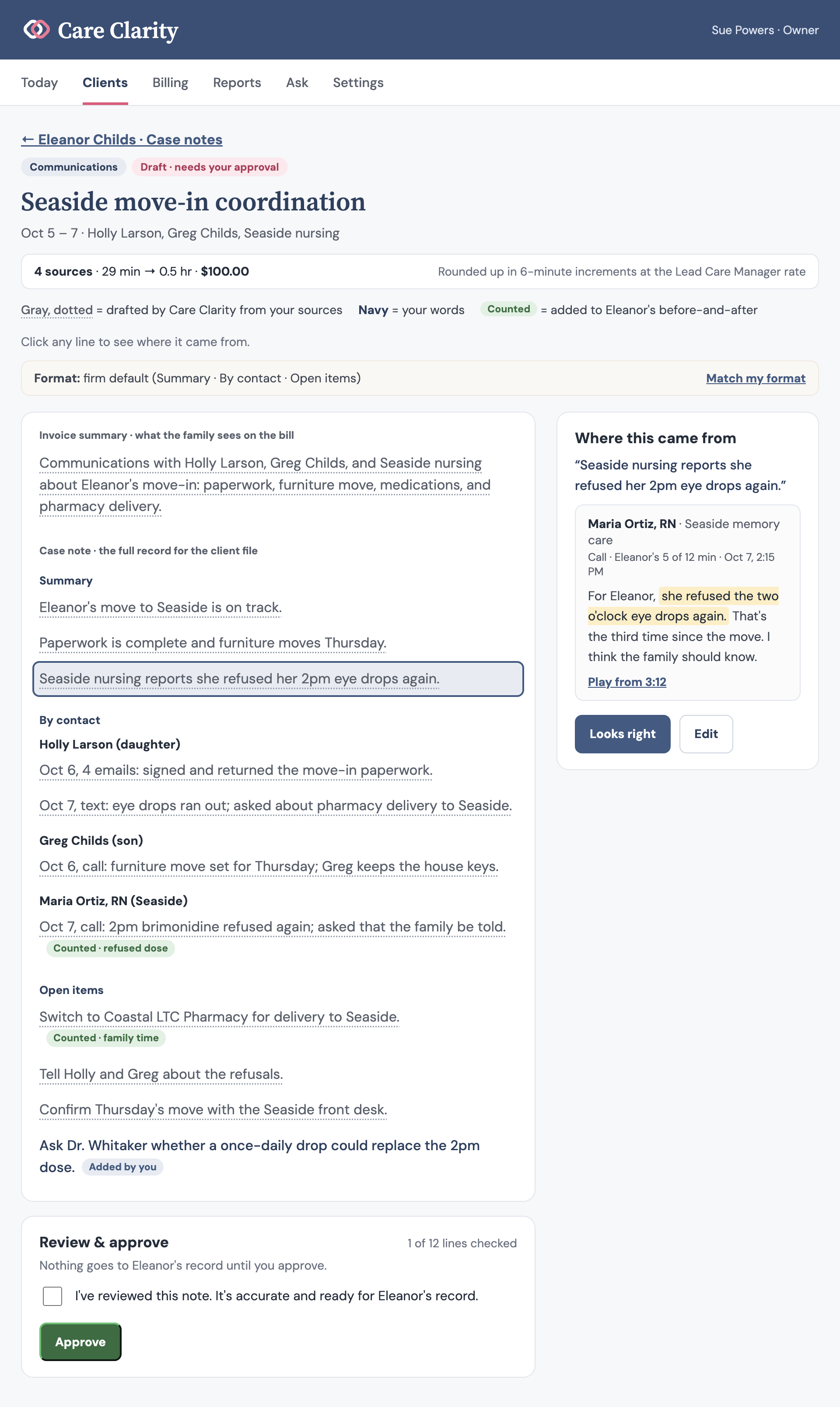A draft case note for a sample client, built from emails, calls, and a text, with sources listed and billed time totaled.